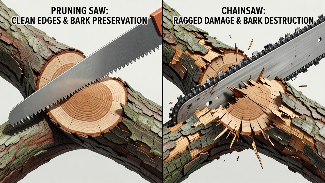 Comparison of clean pruning saw cut versus damaged chainsaw cut on tree branches