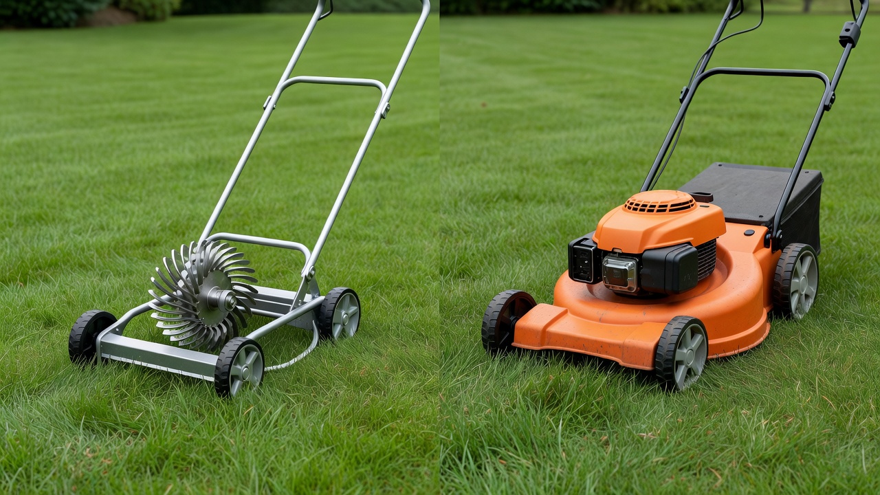 Manual reel mower and motorized rotary push mower shown side by side on green grass