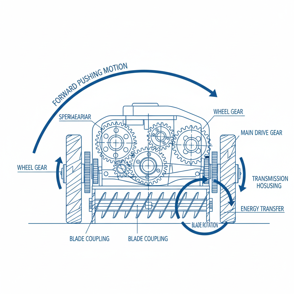 Internal mechanical components of a push mower showing gear and blade system