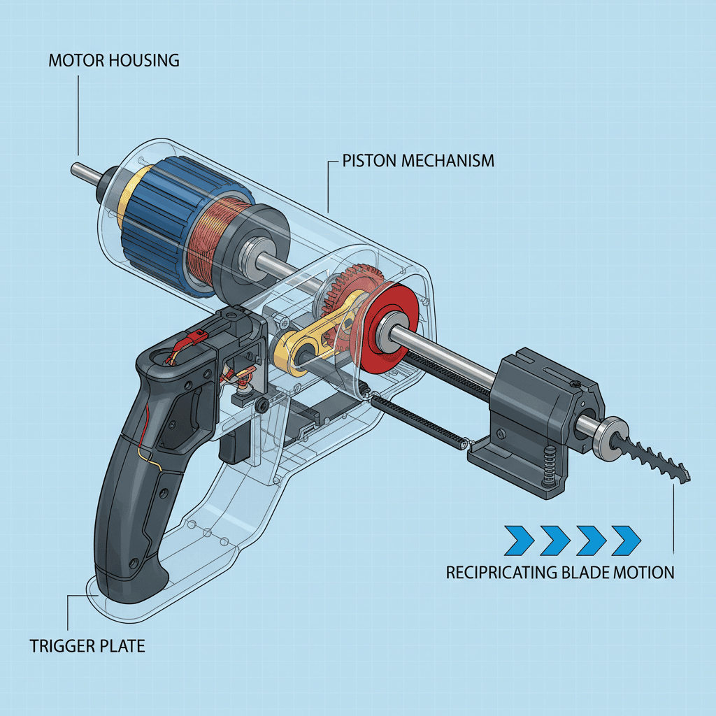 Internal components and blade motion mechanism of a reciprocal saw