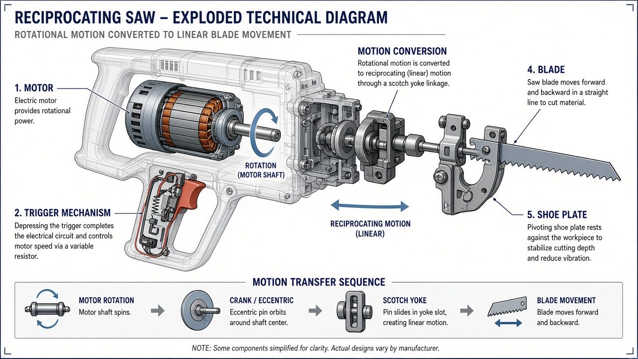 Internal components and mechanism of a reciprocating saw