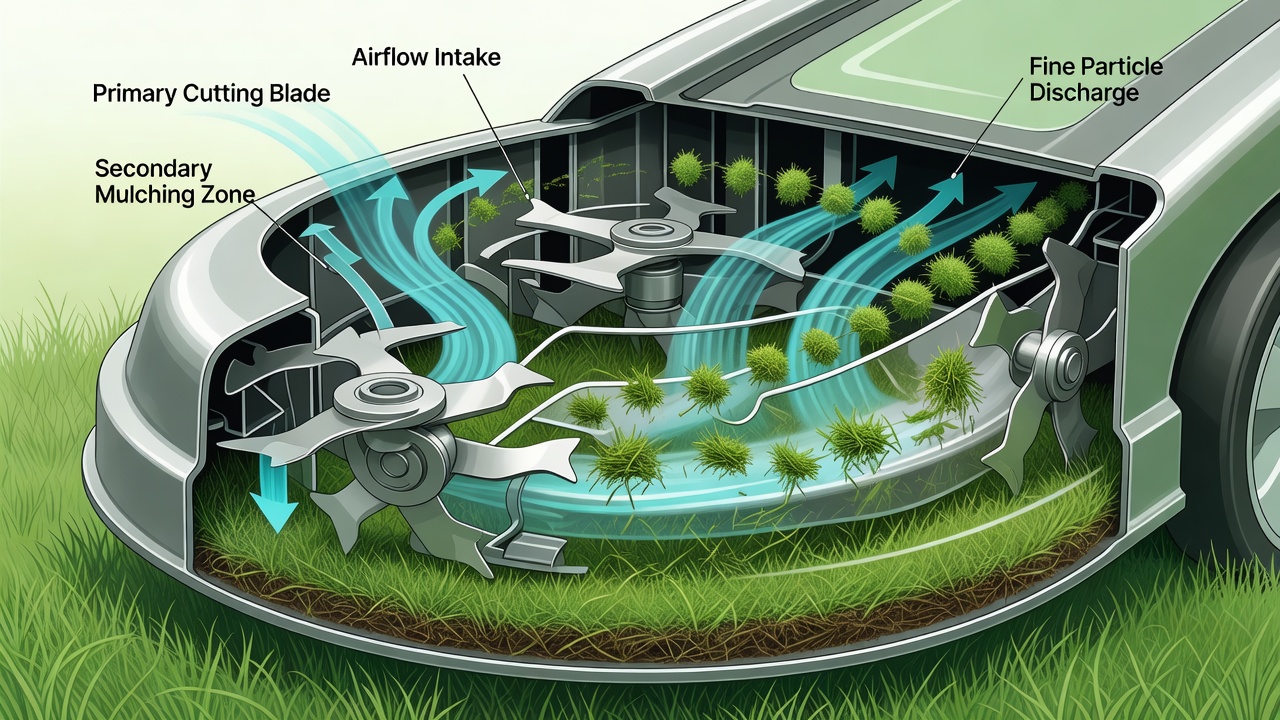 Cross-section illustration showing recycler mower cutting chamber internals