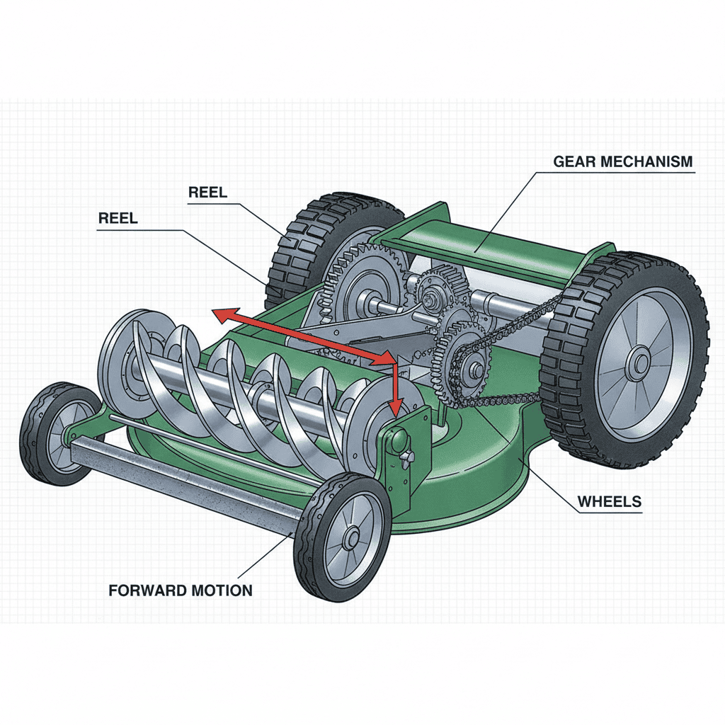 Cross-section diagram of reel lawn mower showing cylindrical reel, bedknife, and gear system