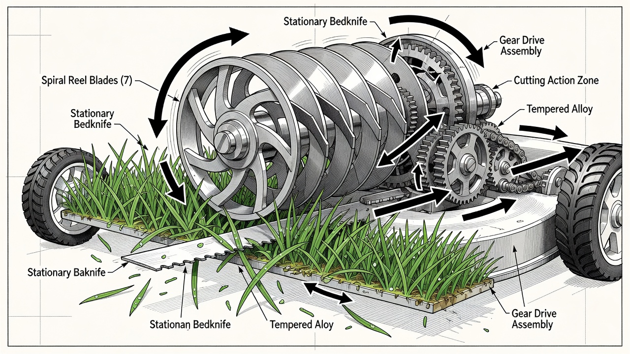 How a Reel Mower Works Cutaway mechanical diagram of reel mower showing rotating cylindrical blade, stationary bedknife, and scissor-cut action on grass