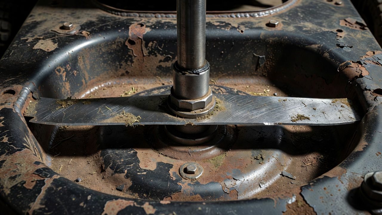 Close-up of a rotary lawn mower's horizontal cutting blade.