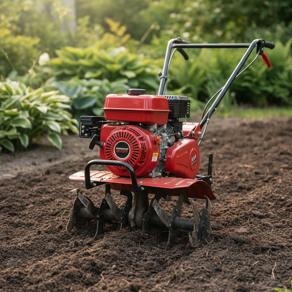 A front-tine rototiller on freshly tilled garden soil.