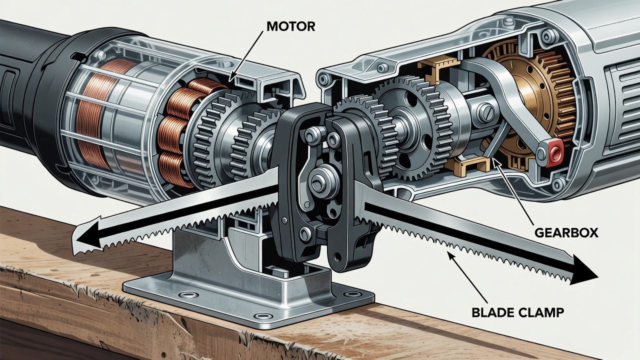 Internal mechanism of reciprocating saw showing motor, gearbox, and blade reciprocating action