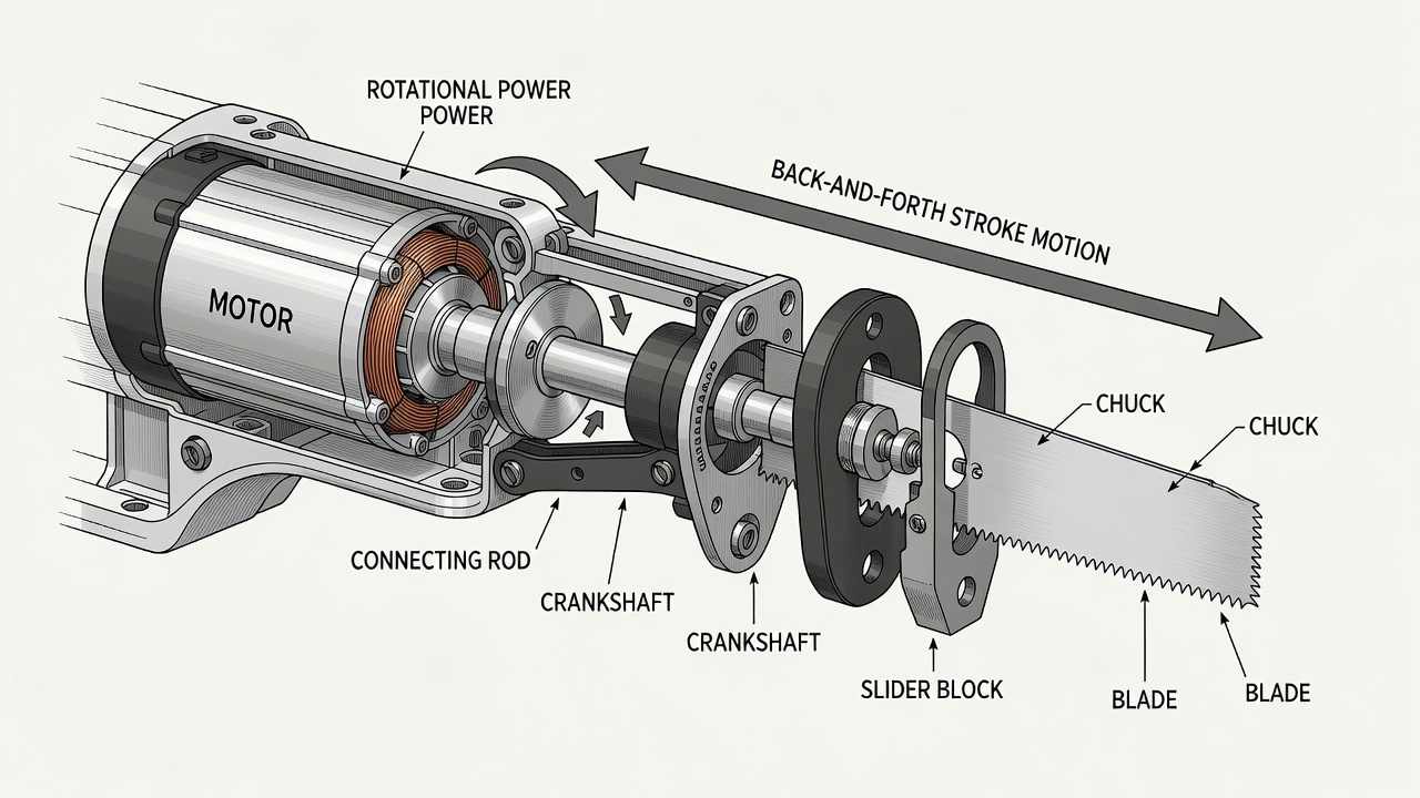 Diagram of reciprocating saw internal mechanism showing blade motion and motor conversion