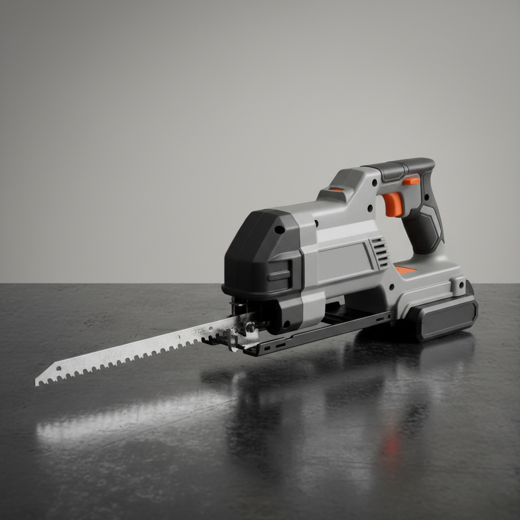 What Is a Sawzall? Studio photo of a generic cordless reciprocating saw on a workbench