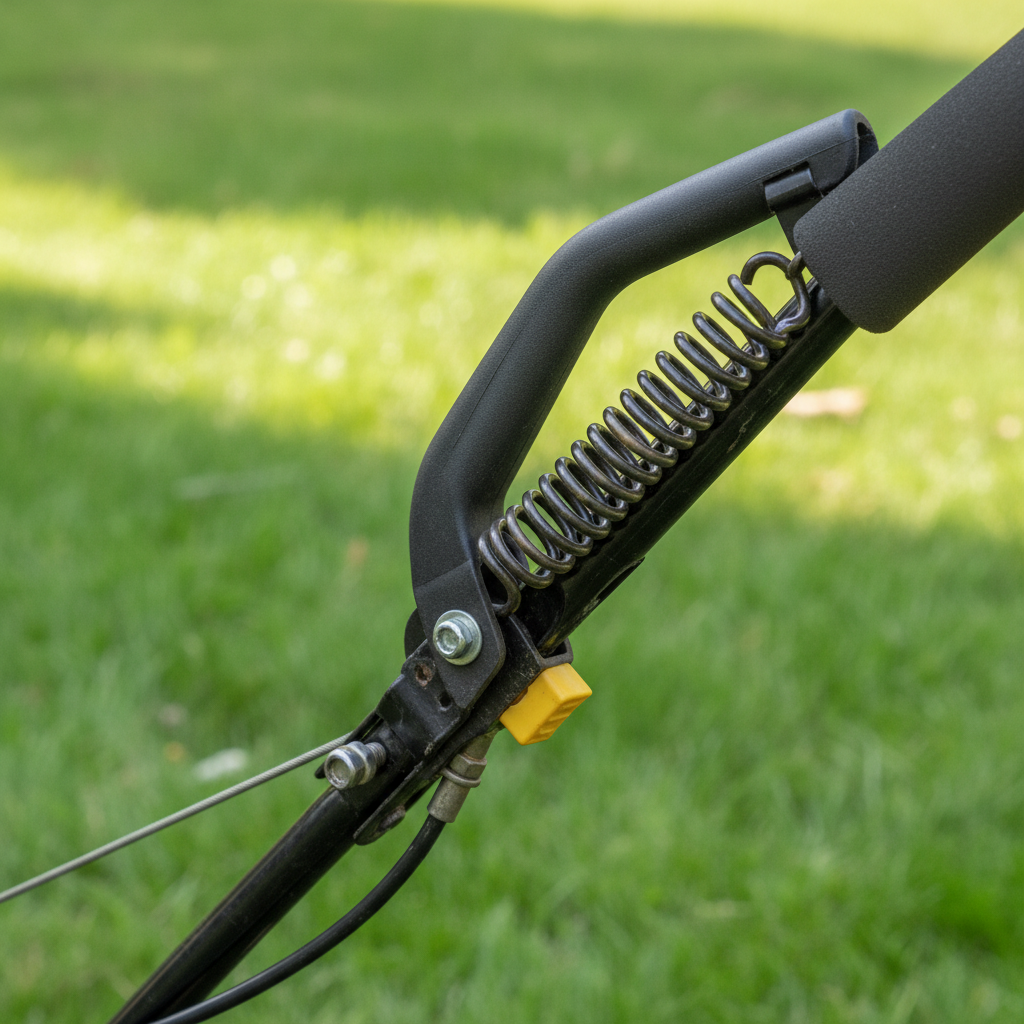 Understanding the Self-Propelled Lawn Mower The handle and drive engagement lever of a self-propelled lawn mower.