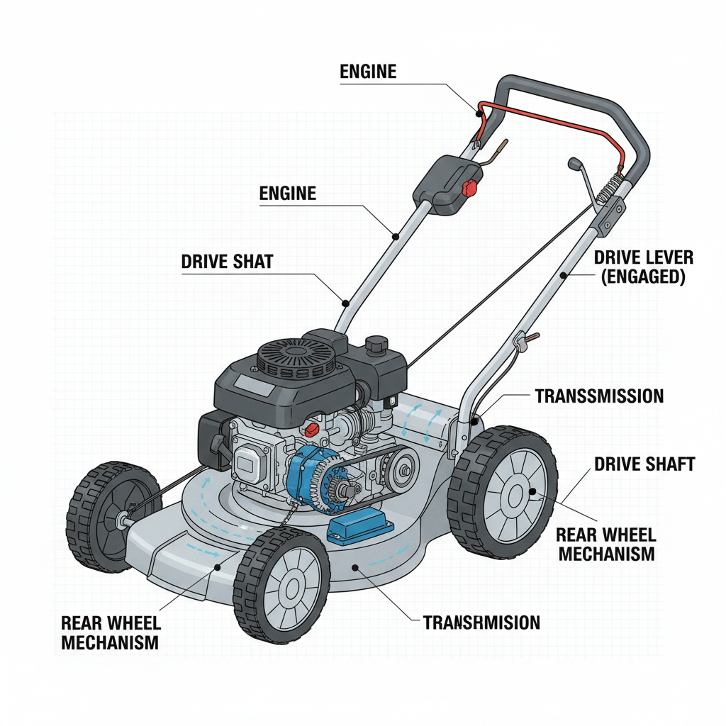 Internal transmission system of a self-propelled mower showing engine-to-wheel power transfer