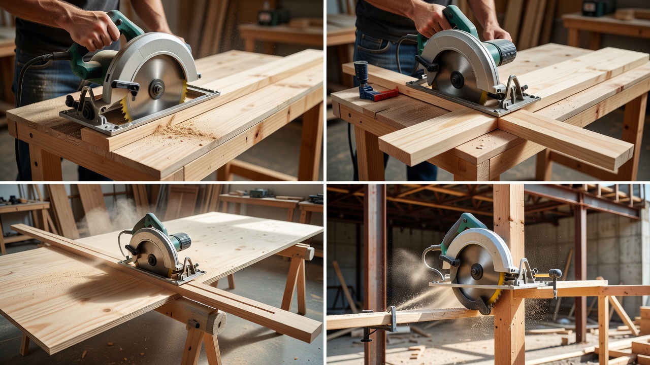 Multiple examples of circular saw use: ripping boards, crosscutting lumber, cutting plywood sheets, and framing cuts.