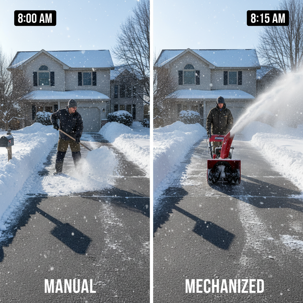 A split-image comparison of manual snow shoveling versus using a snow blower on the same driveway.