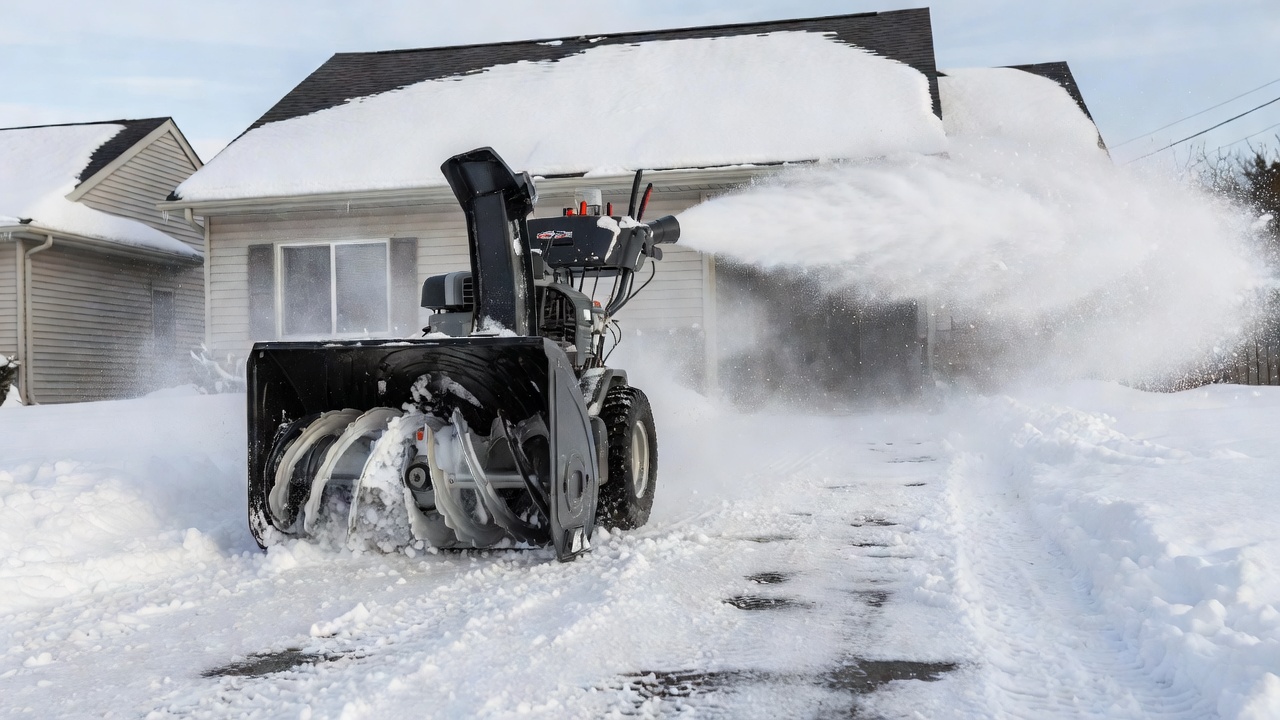 Side view of a snow blower actively clearing snow from a residential driveway, showing the auger and discharge chute in operation.