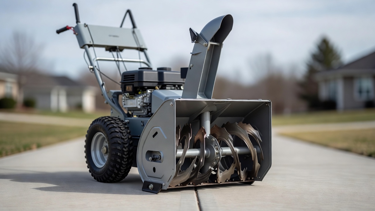 What Is a Snow Thrower? (Definition, How It Works & Buying Factors) Close-up of the components of a snow thrower, including the auger and discharge chute.