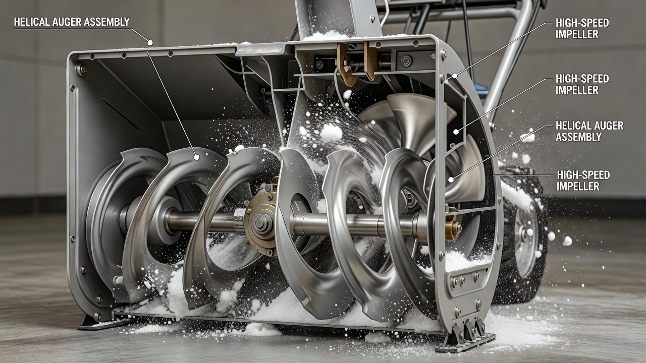 Internal mechanism of a snowblower showing auger and impeller components processing snow