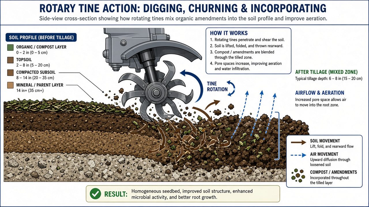 The Garden Tiller: How It Works and What It’s Used For Cross-section diagram showing tiller tines mixing and aerating soil layers