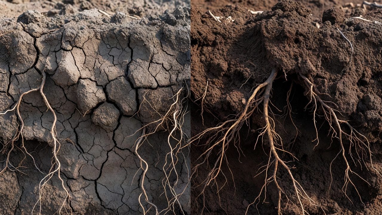 Before and after comparison of compacted soil versus tilled soil showing improved texture and root penetration