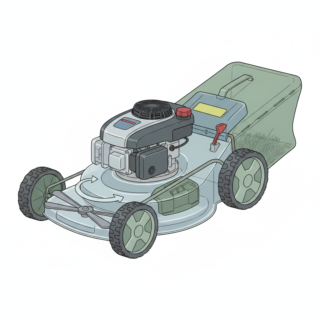 What Is a Walk Behind Mower? (How It Works and When to Use One) Cutaway diagram of walk-behind mower showing engine, blade, wheels, and grass discharge system.