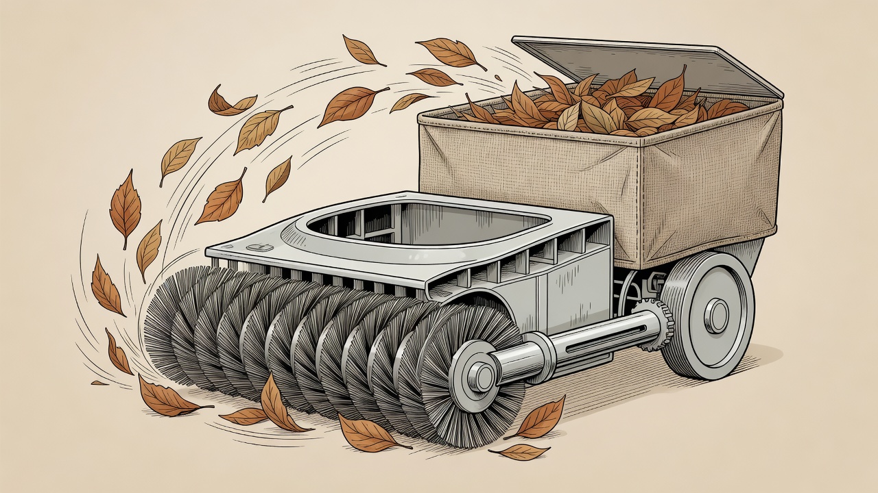 What Is a Yard Sweeper? (How It Works, Types & When to Use One) Cross-section illustration of a yard sweeper showing rotating brush assembly flinging leaves into a rear collection hopper