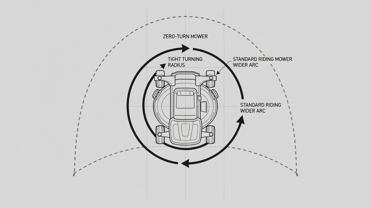 Overhead diagram comparing zero-turn mower's tight pivot radius to a standard riding mower's wider turning arc