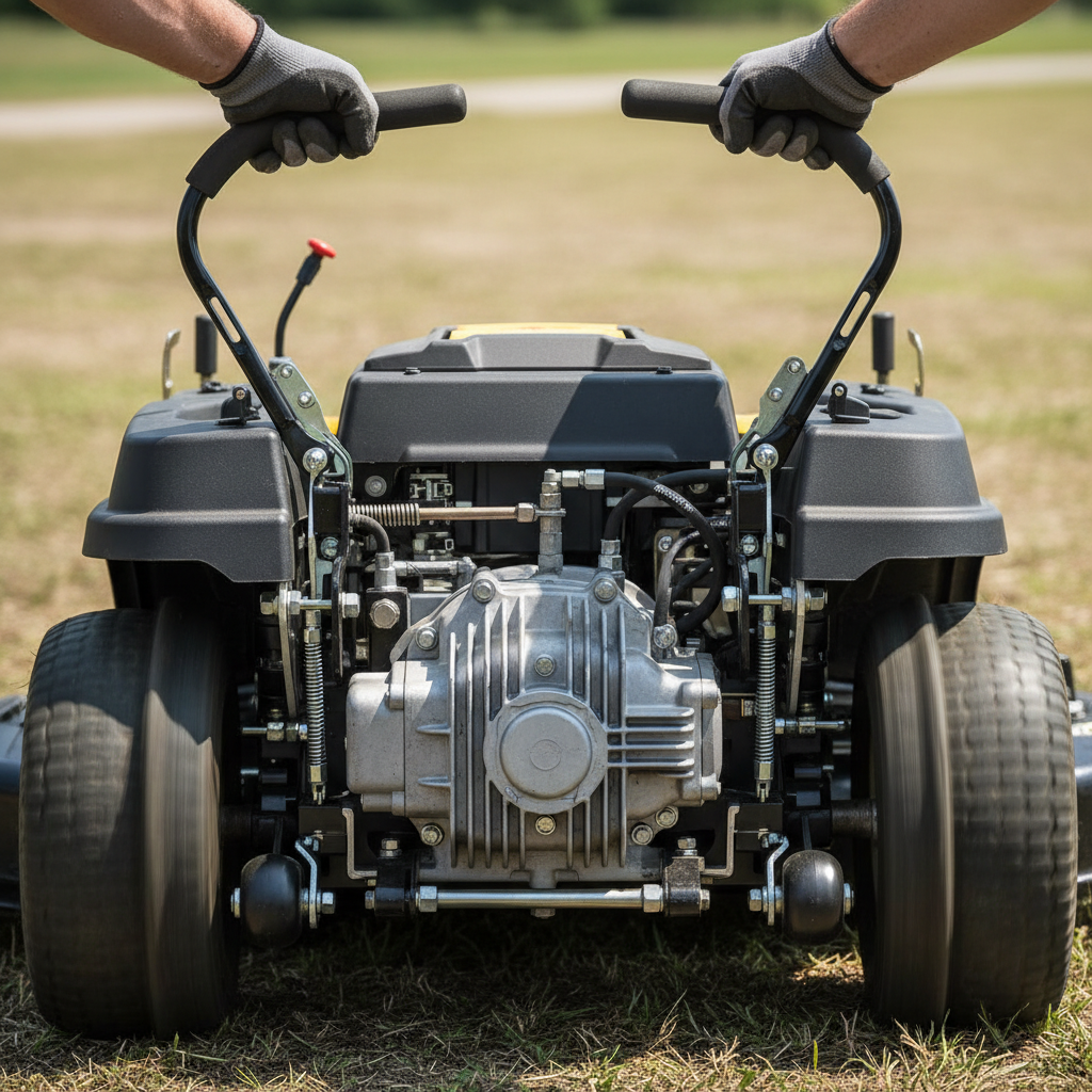 Close-up of the dual-lever steering system and independent rear wheels of a zero-turn mower.
