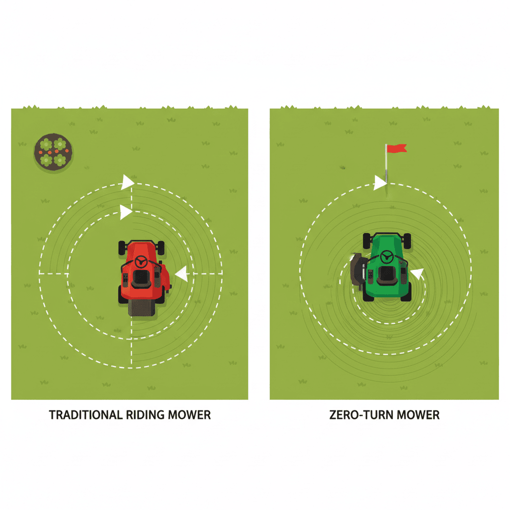 What Is a Zero Turn? (How Zero-Turn Radius Mowers Work) Comparison of turning radius between traditional and zero-turn mowers viewed from above