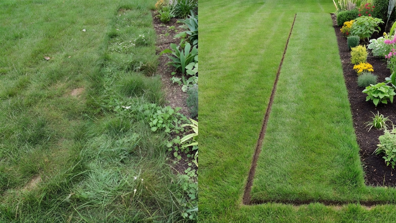 Before and after comparison of lawn edging showing ragged vs. clean borders