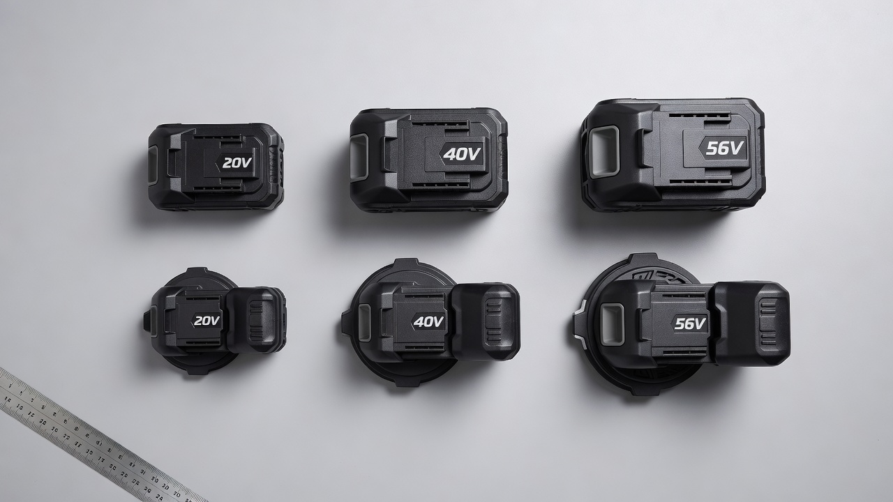 Three cordless trimmer batteries in different voltage tiers displayed by size to show capacity and power differences