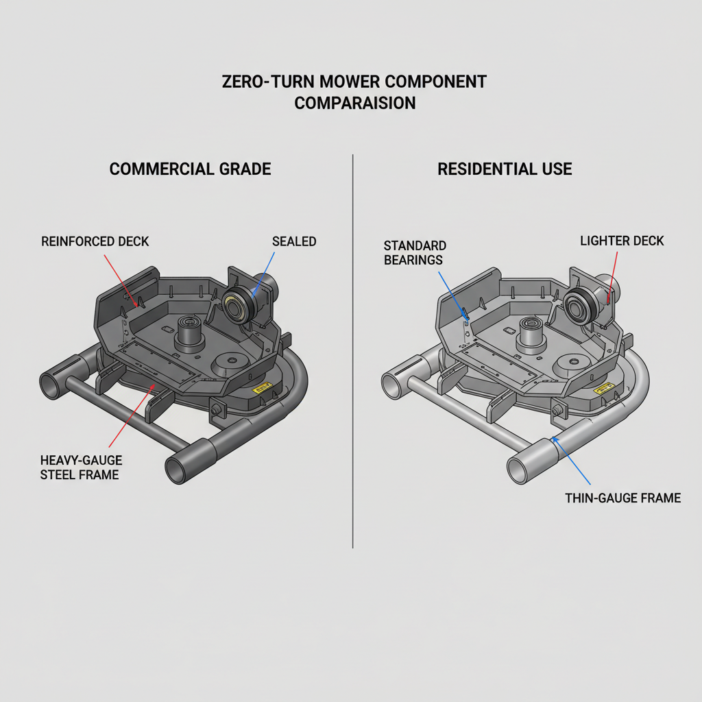 What Is the Best Commercial Zero Turn Mower? (Buyer's Guide & Selection Criteria) Cutaway comparison of commercial versus residential mower frame and drivetrain construction