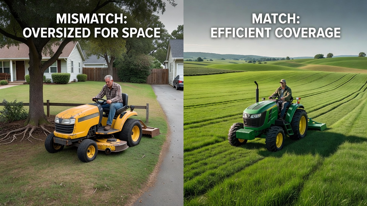Comparison of lawn tractor sizing: budget model on small lot versus commercial model on large acreage