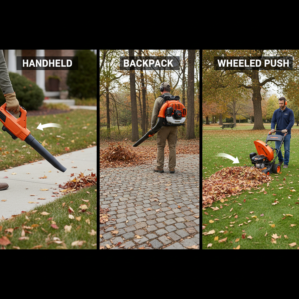 Comparison of three leaf blower types showing handheld, backpack, and wheeled models in typical use
