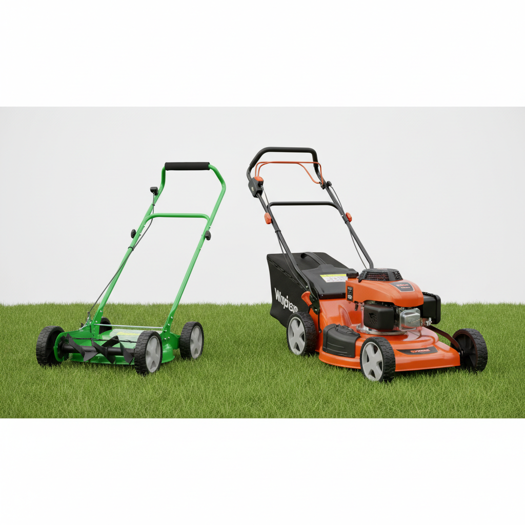 Manual reel push mower and self-propelled gas lawn mower side by side on green grass