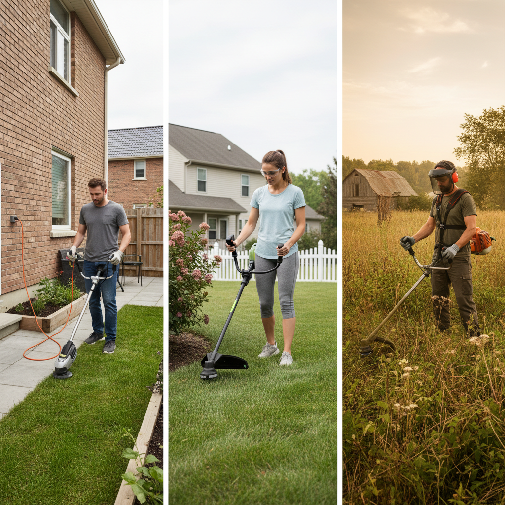 Three weed eater types in use on different yard sizes and vegetation densities
