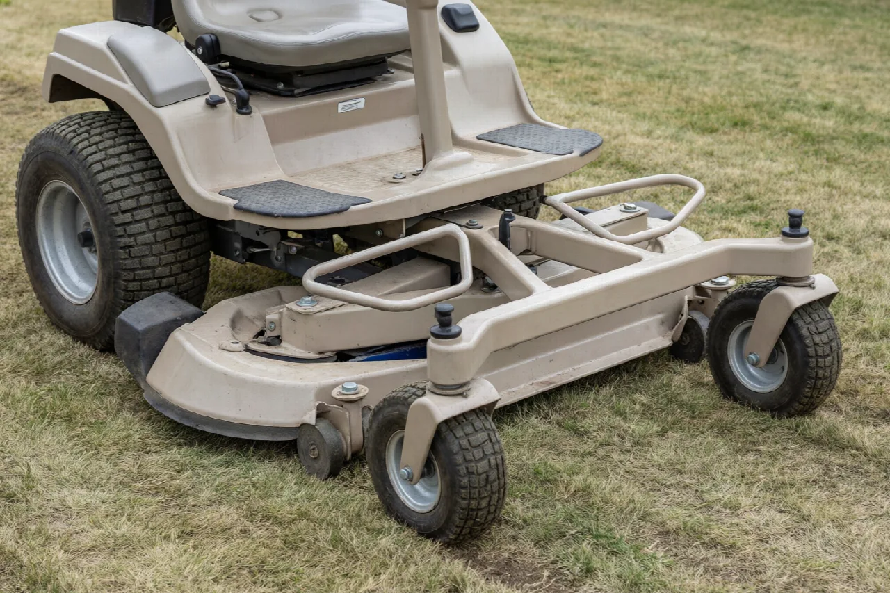 Parked residential zero-turn mower showing caster wheels, cutting deck, and lap bars