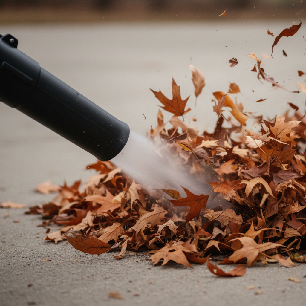 CFM vs. MPH in Leaf Blowers: Which Metric Matters More for Your Yard? Leaf blower nozzle pushing a burst of dry autumn leaves across a concrete driveway