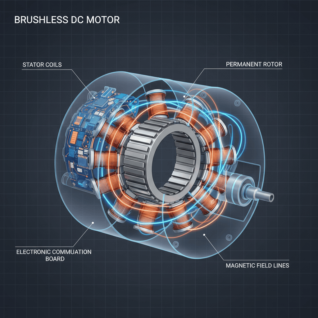 What Exactly Is a Brushless Motor? Internal structure of a brushless motor showing electronic commutation and coil arrangement