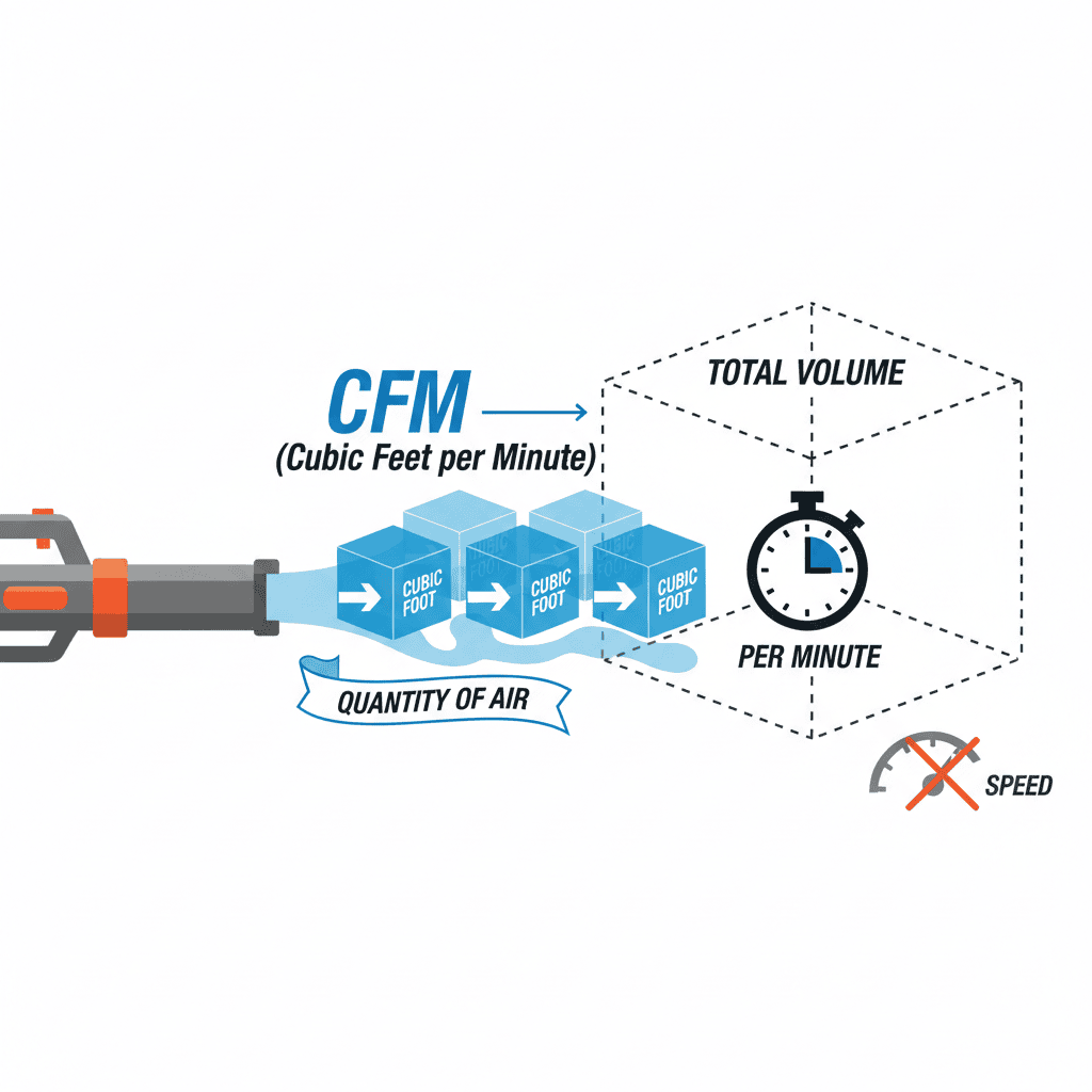 What Is CFM for Leaf Blowers? (Definition, Importance & Selection Guide) Illustration of cubic feet per minute air volume flowing from a leaf blower nozzle