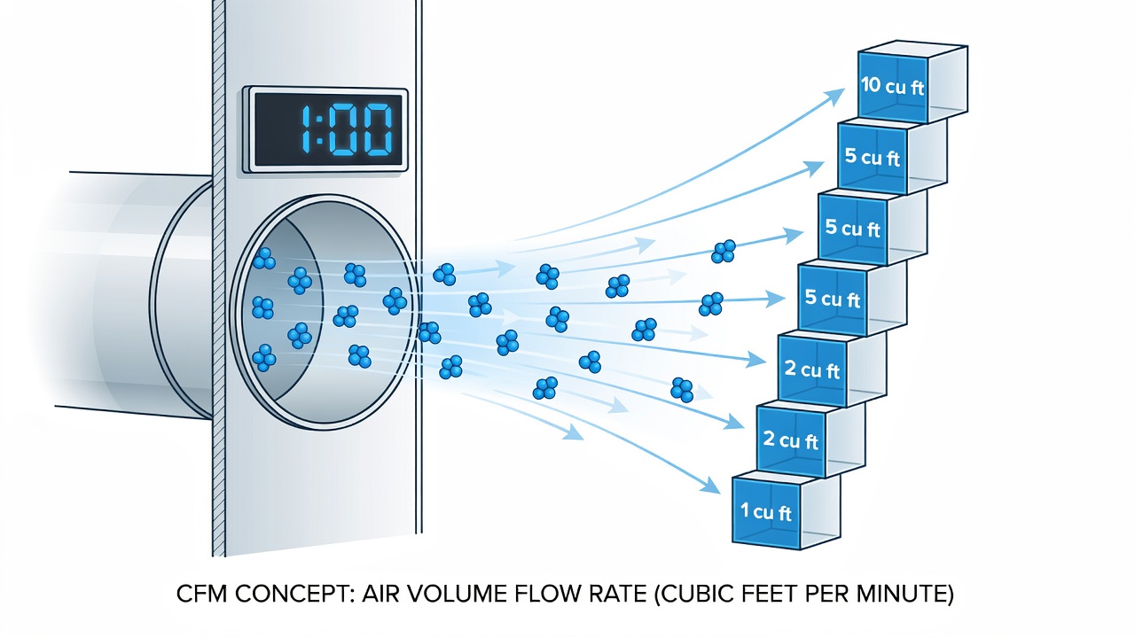 Visual diagram of cubic feet per minute air volume measurement concept