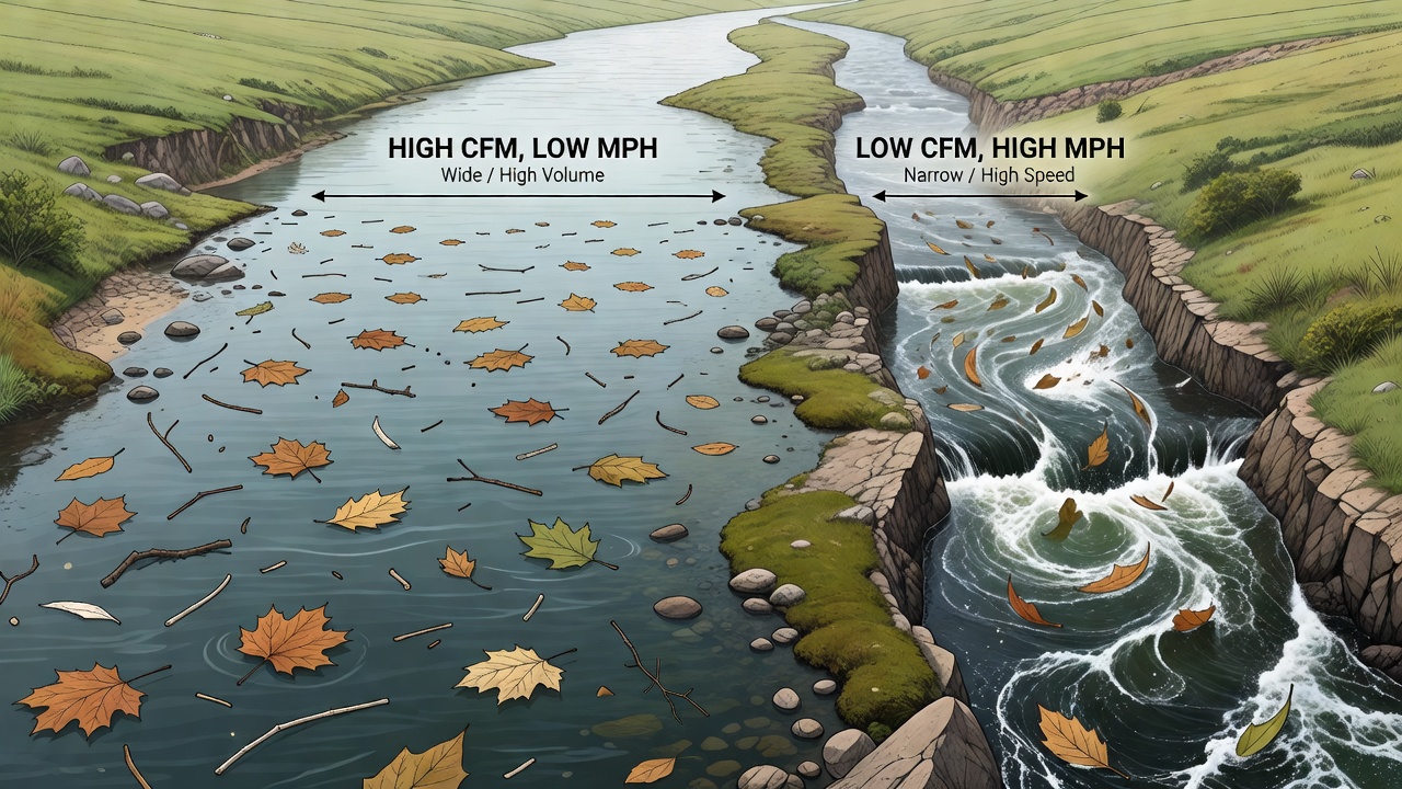 River analogy illustrating the difference between air volume (CFM) and air speed (MPH)
