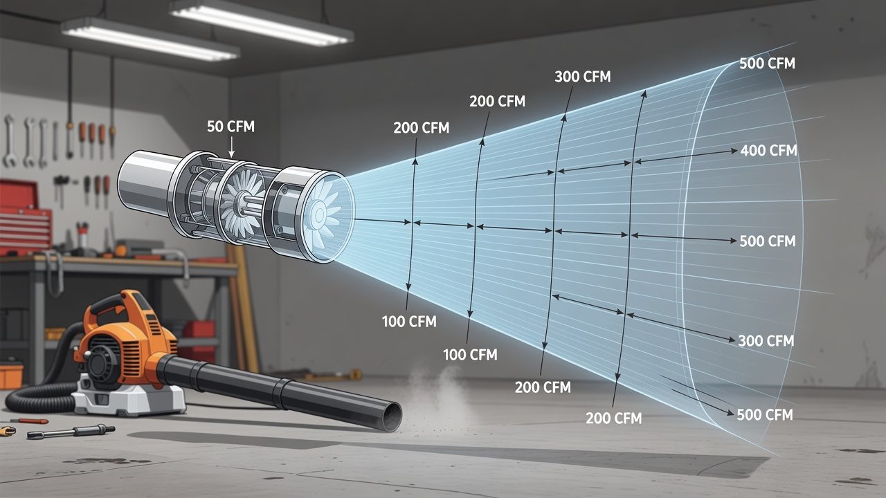 Visualization of CFM measurement showing air volume flowing from a leaf blower nozzle with cubic units per minute