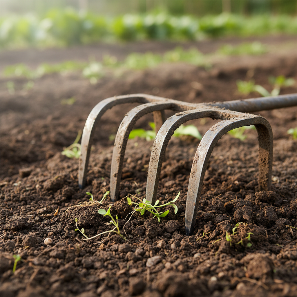 Close-up of cultivator tines resting in loose garden soil