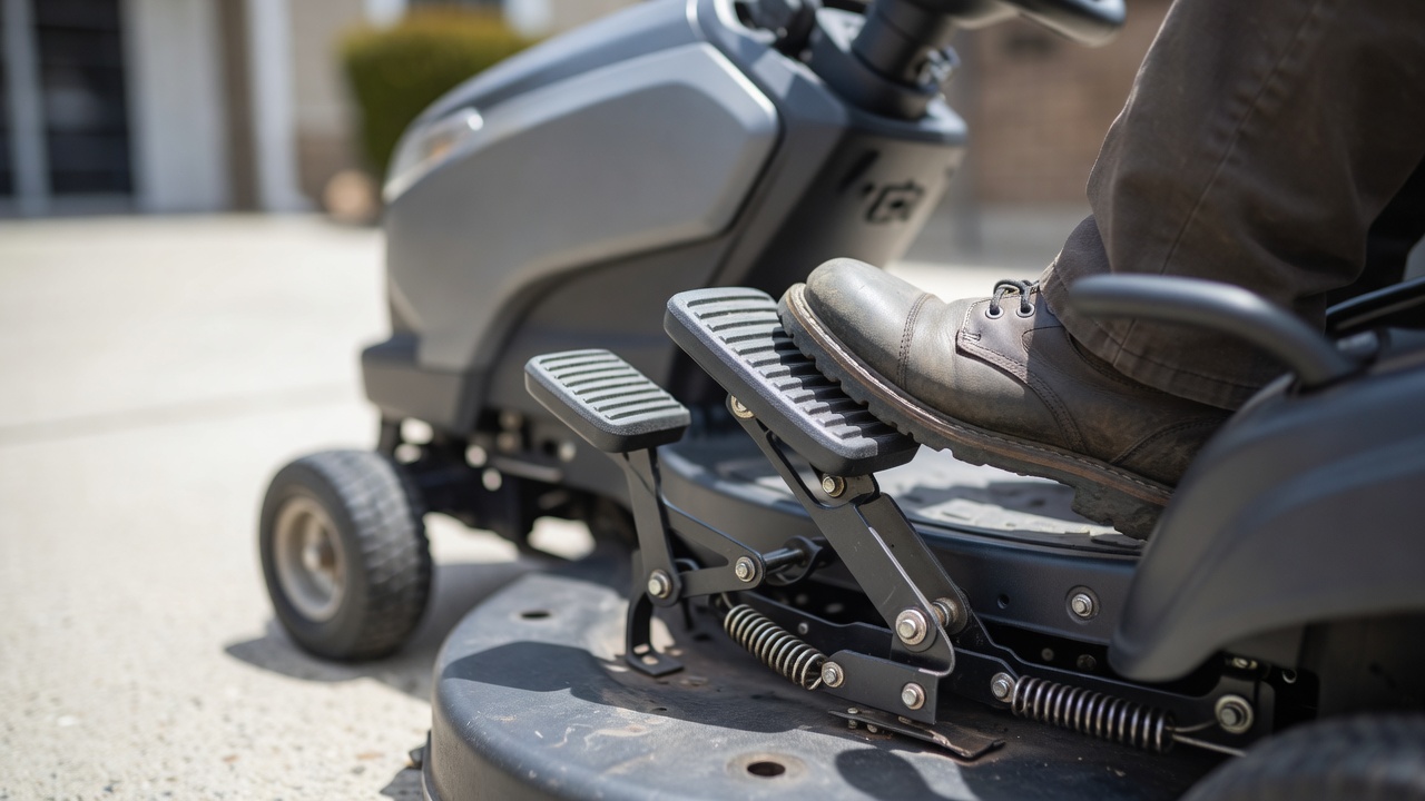 Close-up of a ride-on mower's foot pedals used to control the hydrostatic transmission.