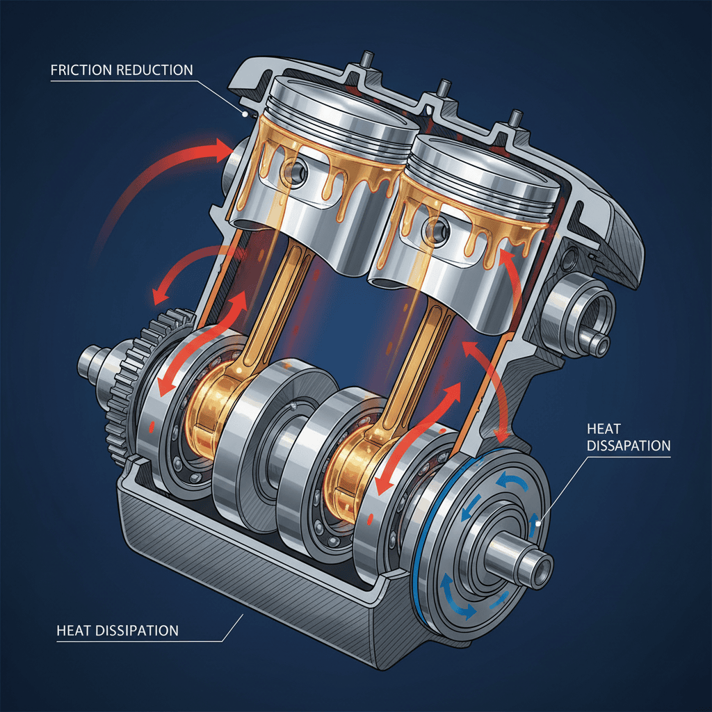 Cutaway diagram of lawn mower engine showing oil protection between moving metal parts