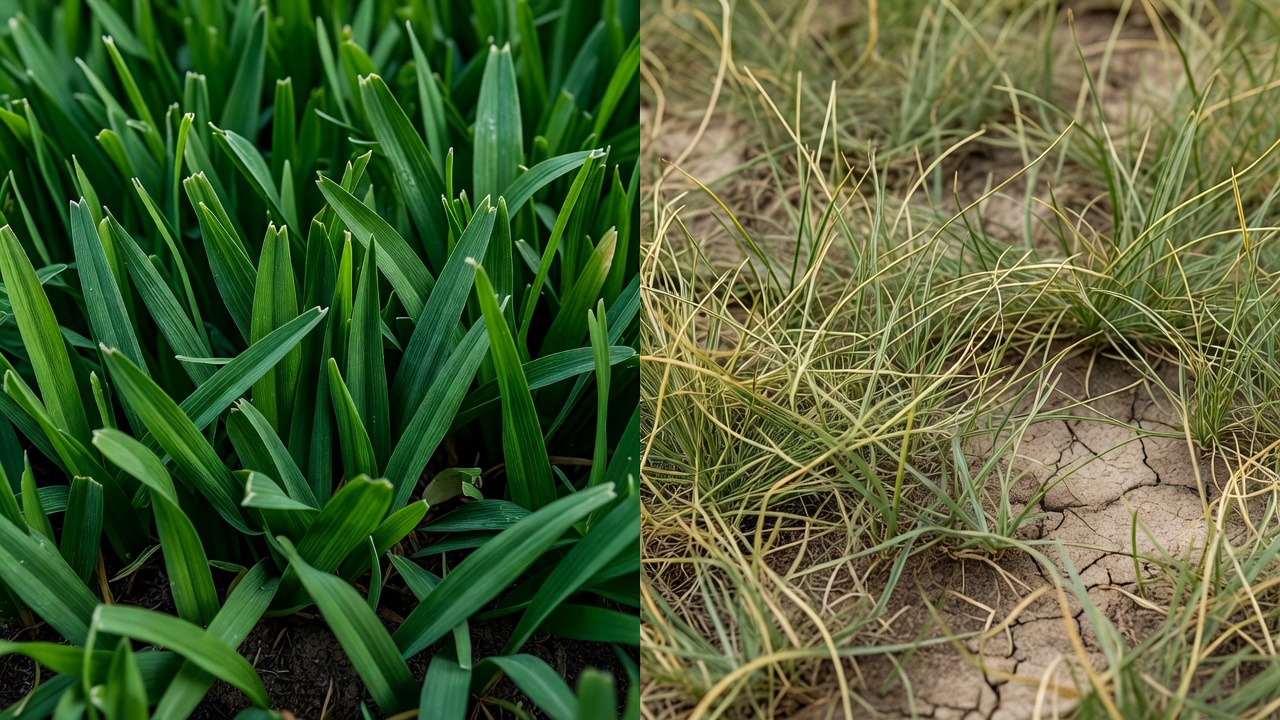 Close-up comparison of dense, healthy grass versus thin, sparse grass