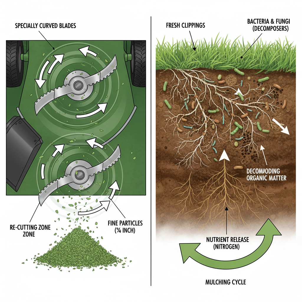 Diagram showing mulching mower blade mechanics and soil decomposition process with nutrient cycling