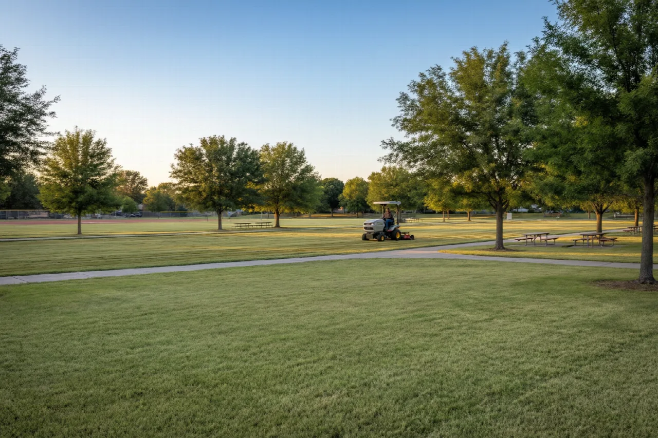 A riding mower crossing a wide park lawn with trees and a path beyond