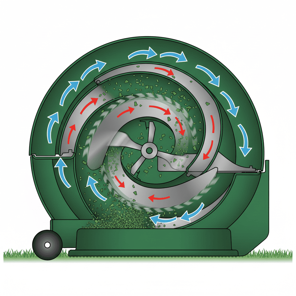 Lawn mower deck cross-section showing blade design, internal baffles, and clipping circulation flow