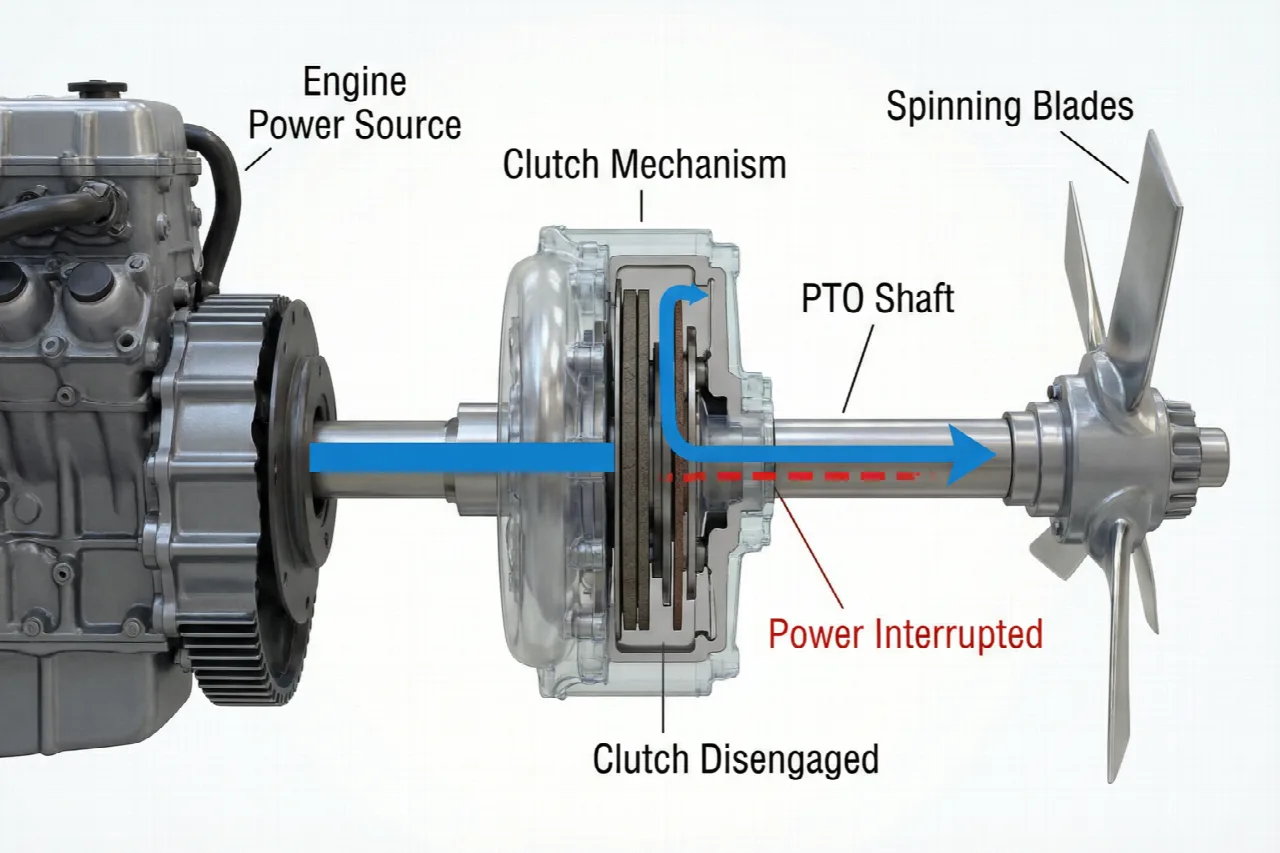 PTO clutch engagement mechanism transferring power from engine to mower blades