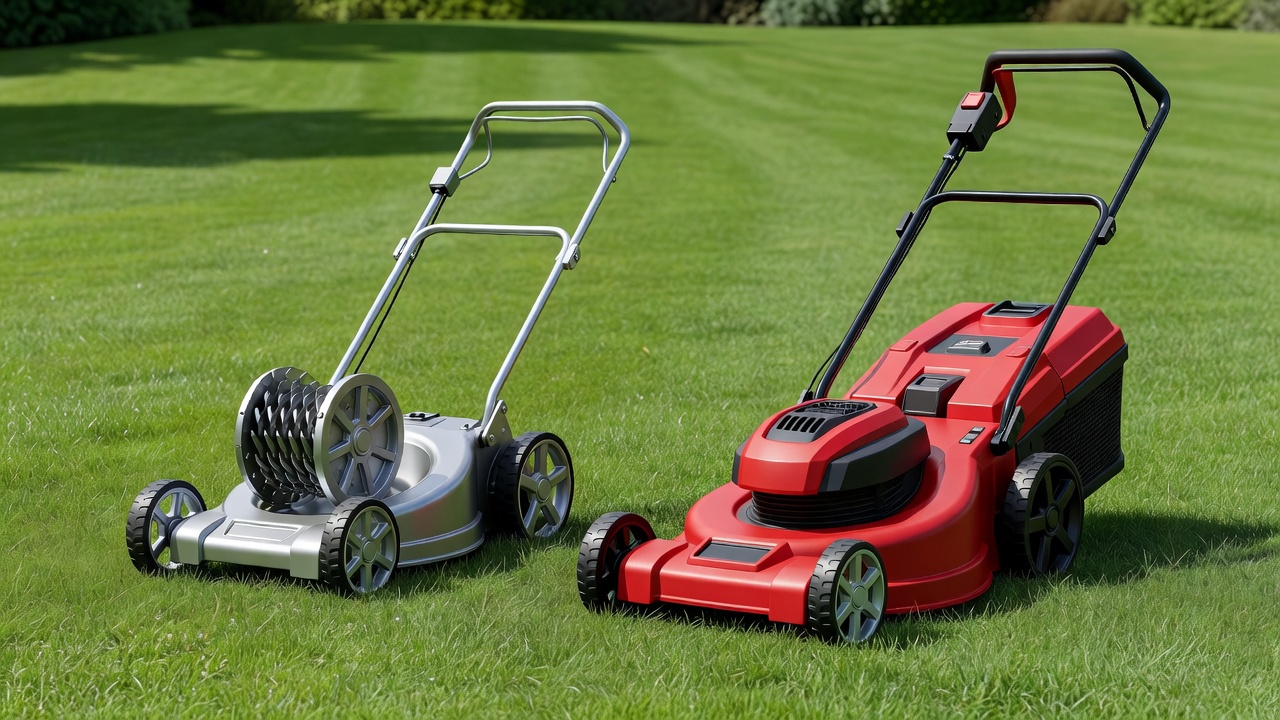 Manual reel mower and battery-powered rotary push mower side by side on green grass